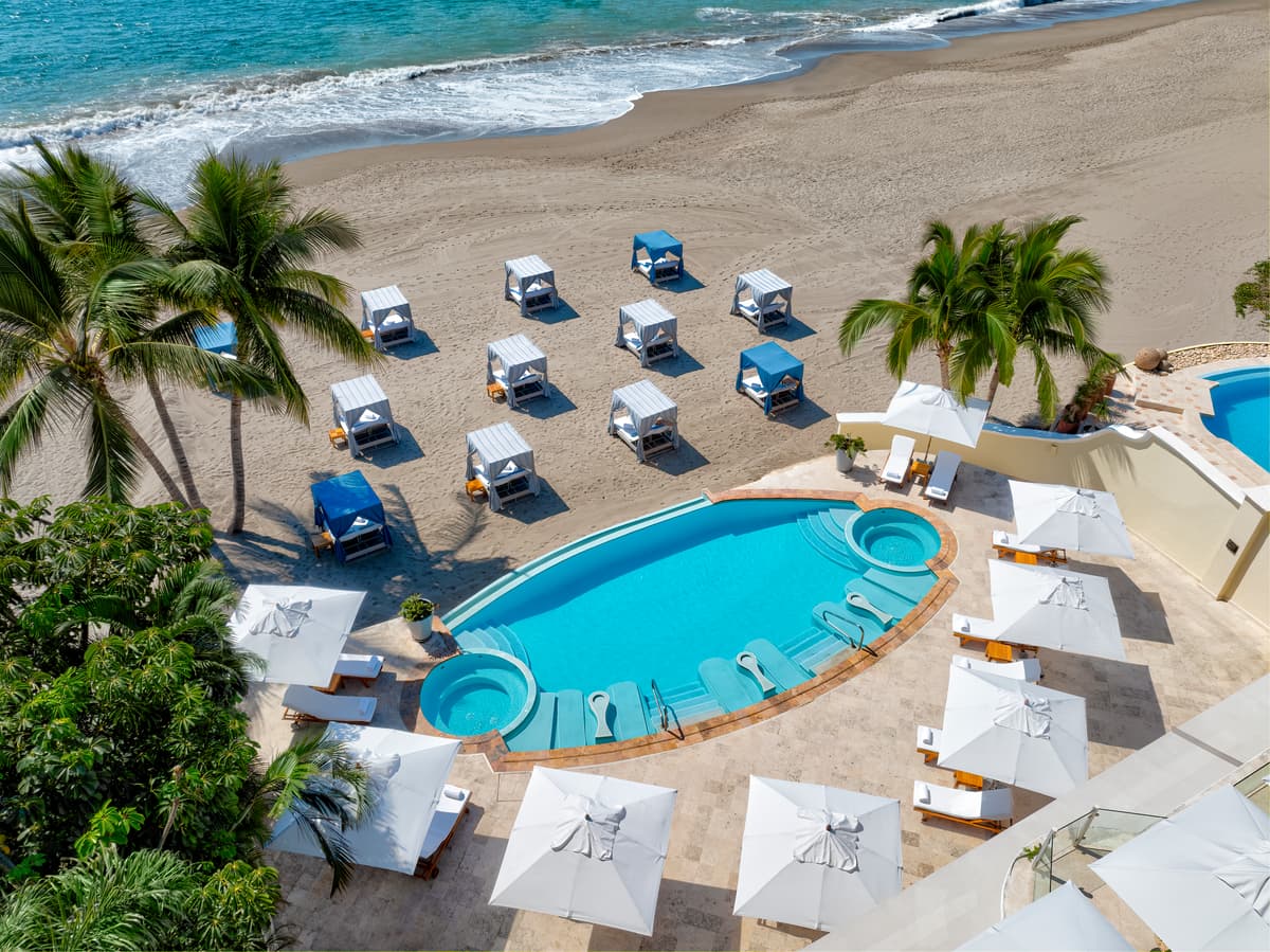 Aerial view of Tau Beach Club on Banderas Bay