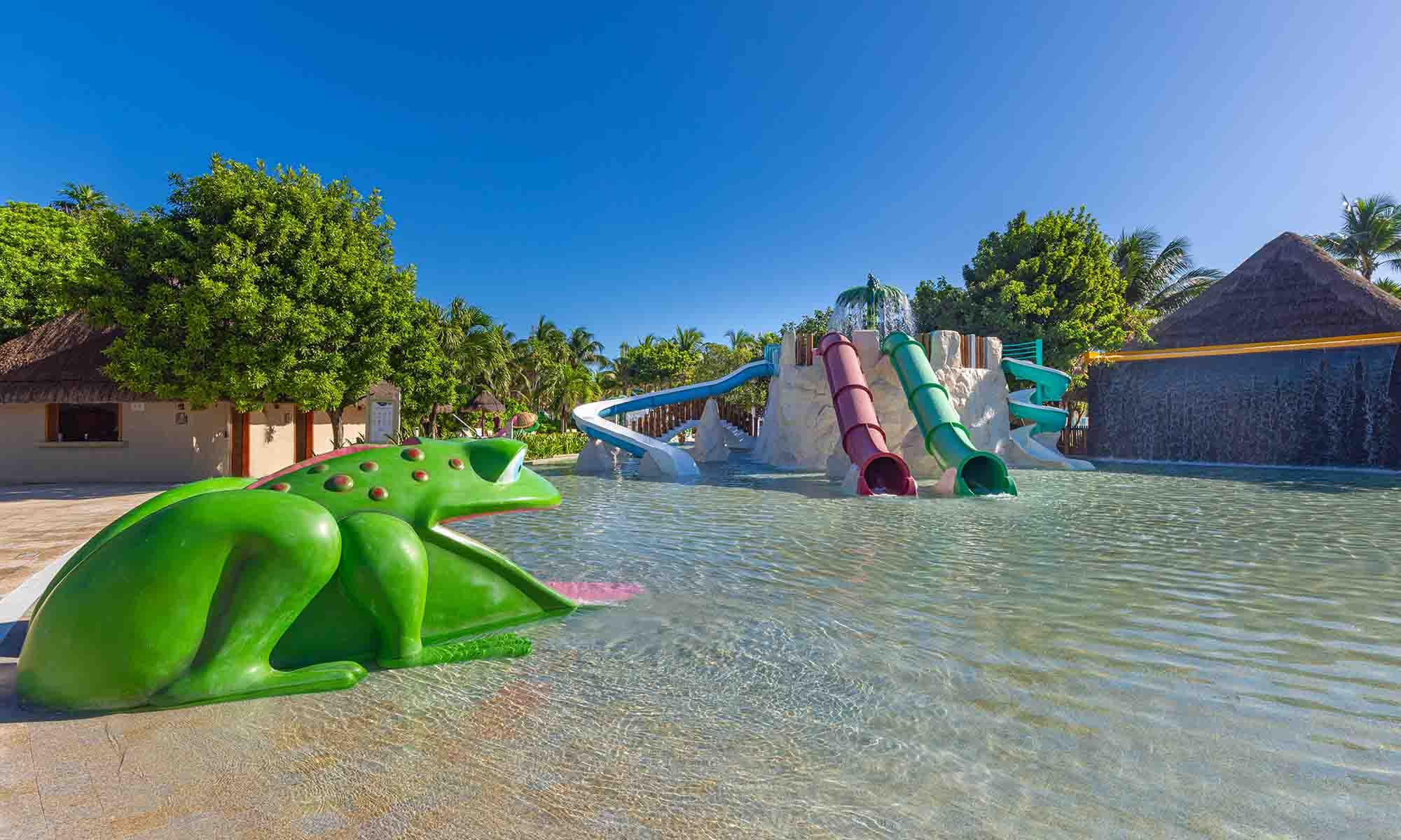 Pirate-themed kids water park with slides and splash zones