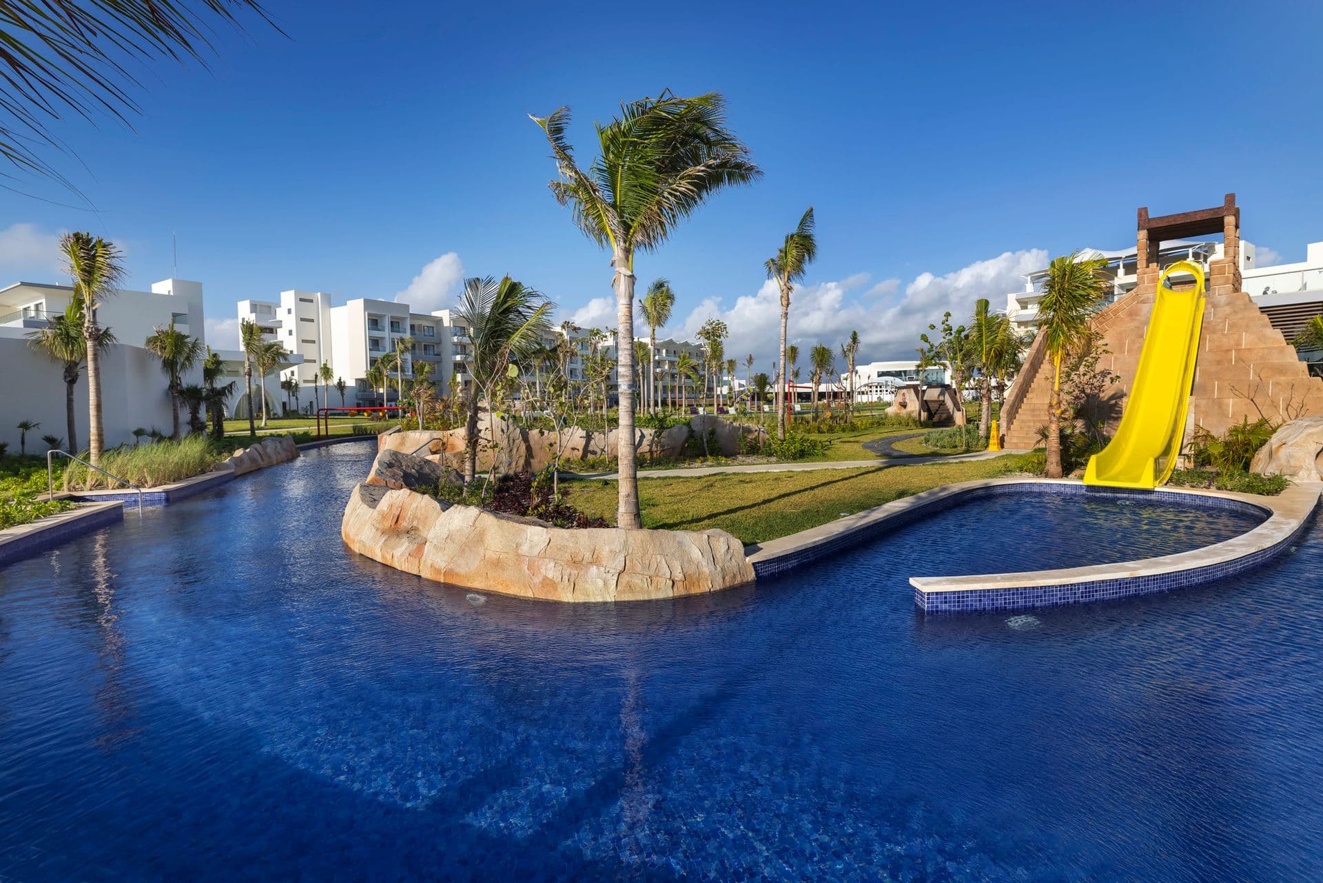Lazy river winding through the resort grounds