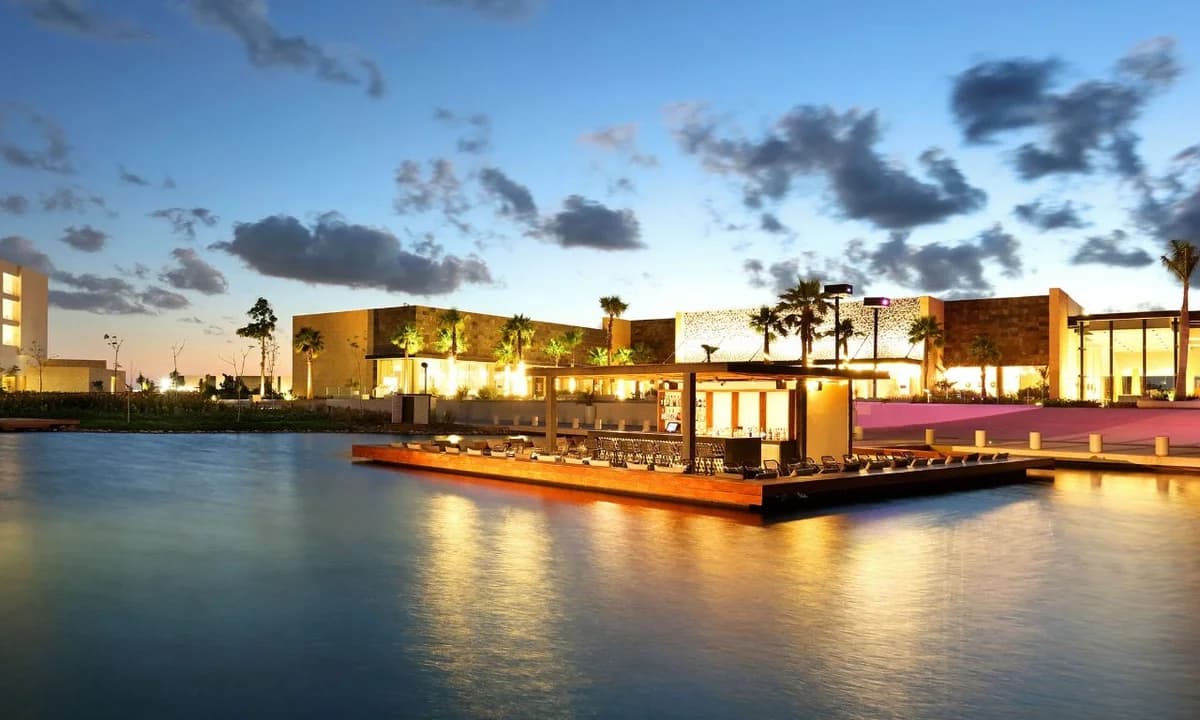 Sunset over the Grand Palladium Costa Mujeres complex and Caribbean coastline