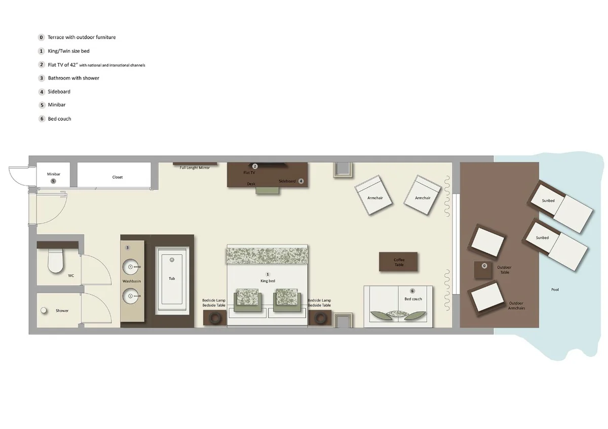 Junior Suite Swim Up — direct pool access from furnished terrace with canopy bed