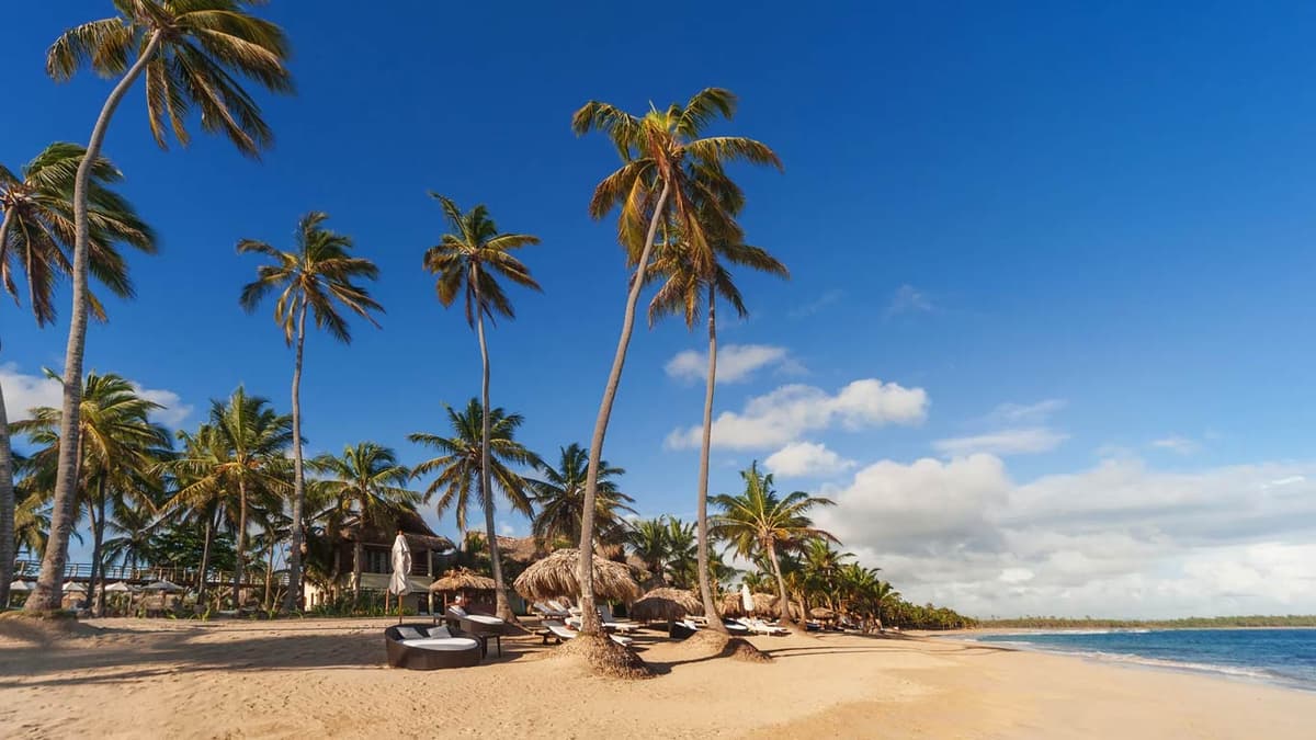Private Uvero Alto beach with palm trees, palapa shade huts, and Balinese daybeds on white sand