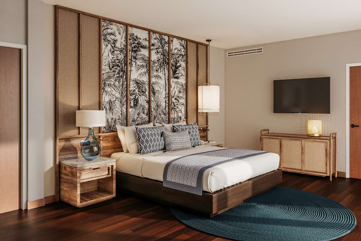 One-bedroom Penthouse Residence with king bed, elegant modern furnishings, and panoramic bay views